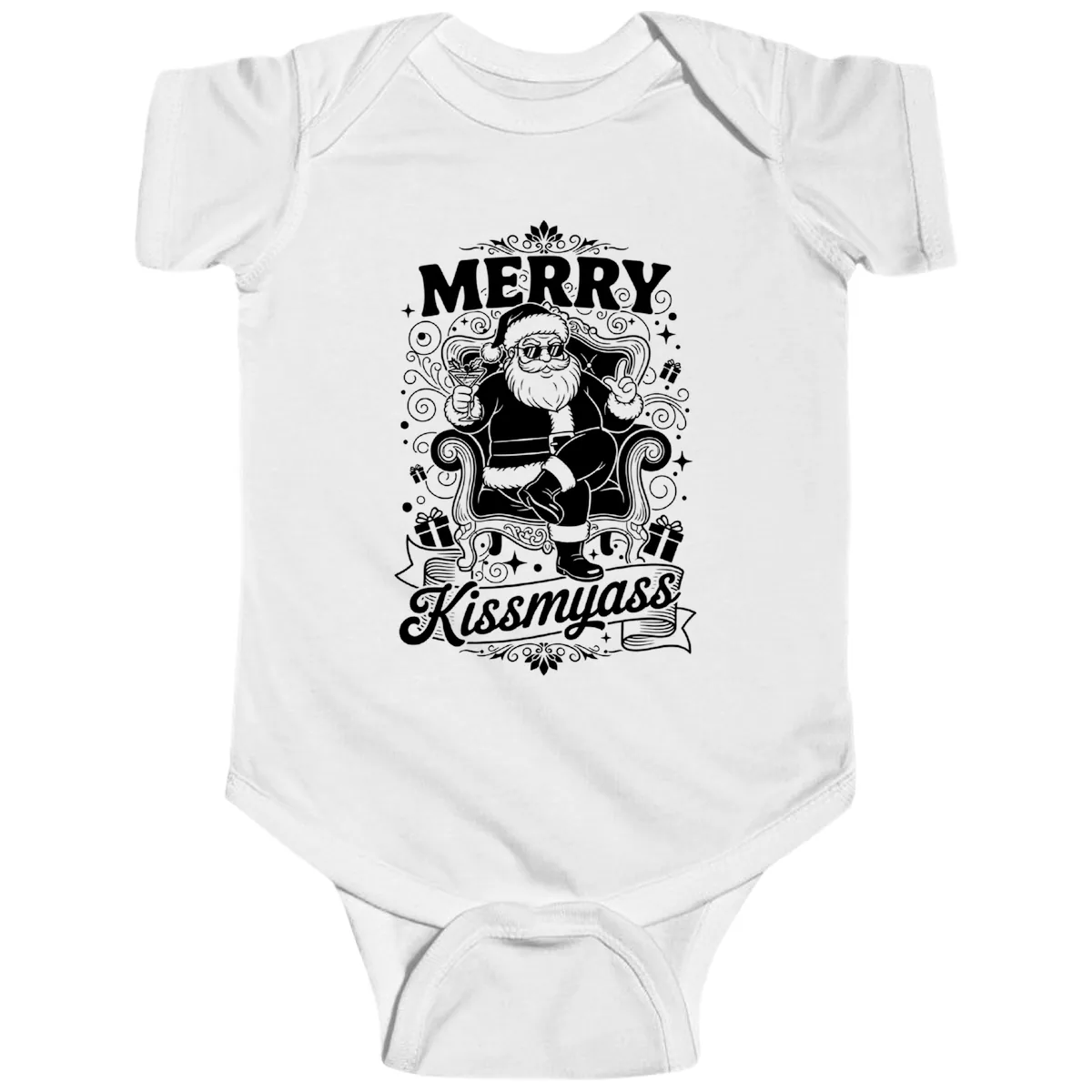Merry Kissmyass Santa Illustration Baby Onesie in White