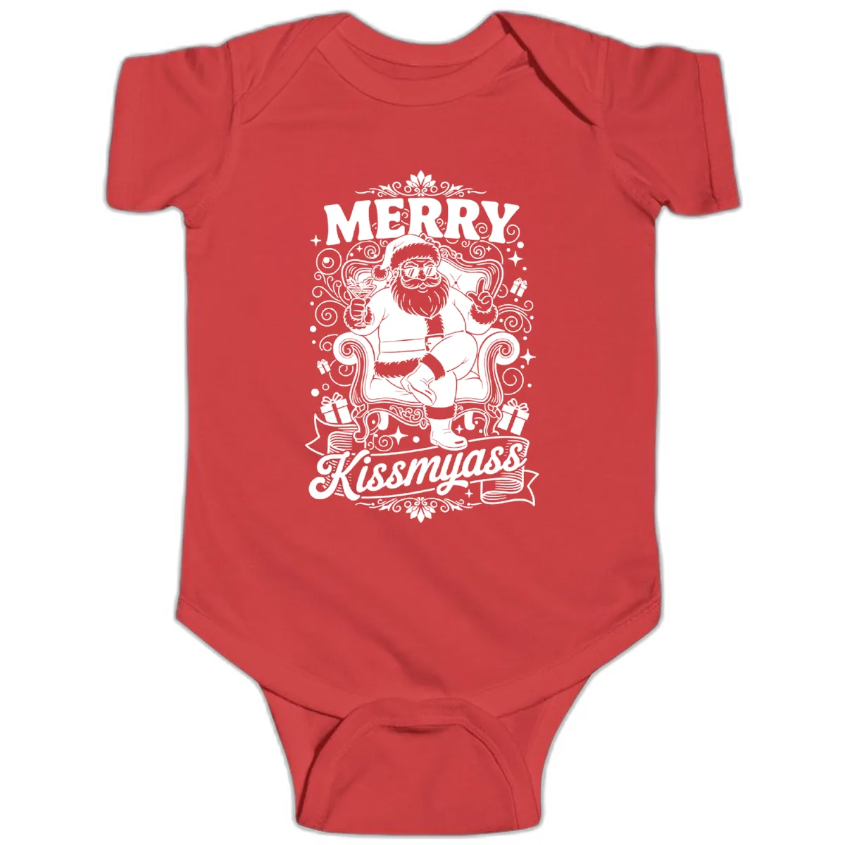 Merry Kissmyass Santa Illustration Baby Onesie in Red