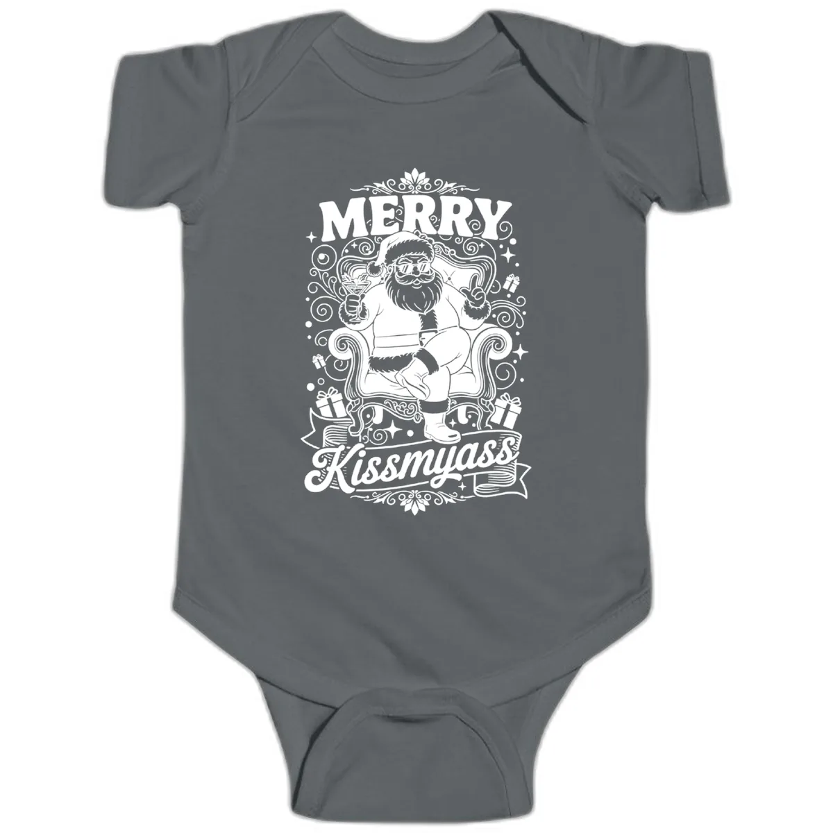 Merry Kissmyass Santa Illustration Baby Onesie in Charcoal