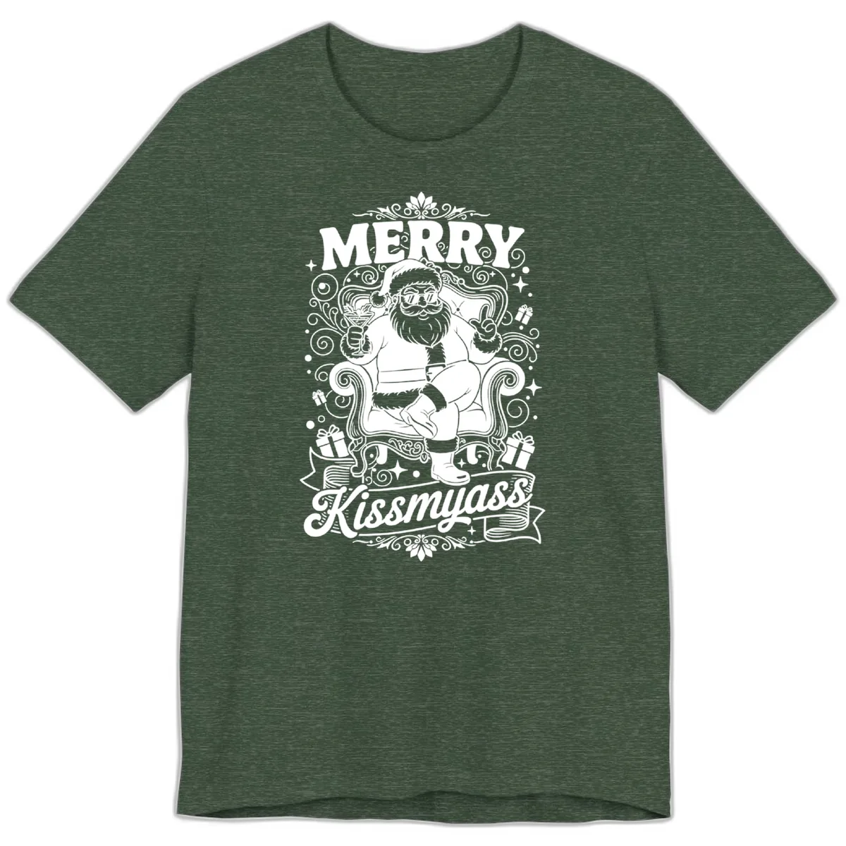 Merry Kissmyass Santa Illustration Premium T-Shirt in Heather Forest