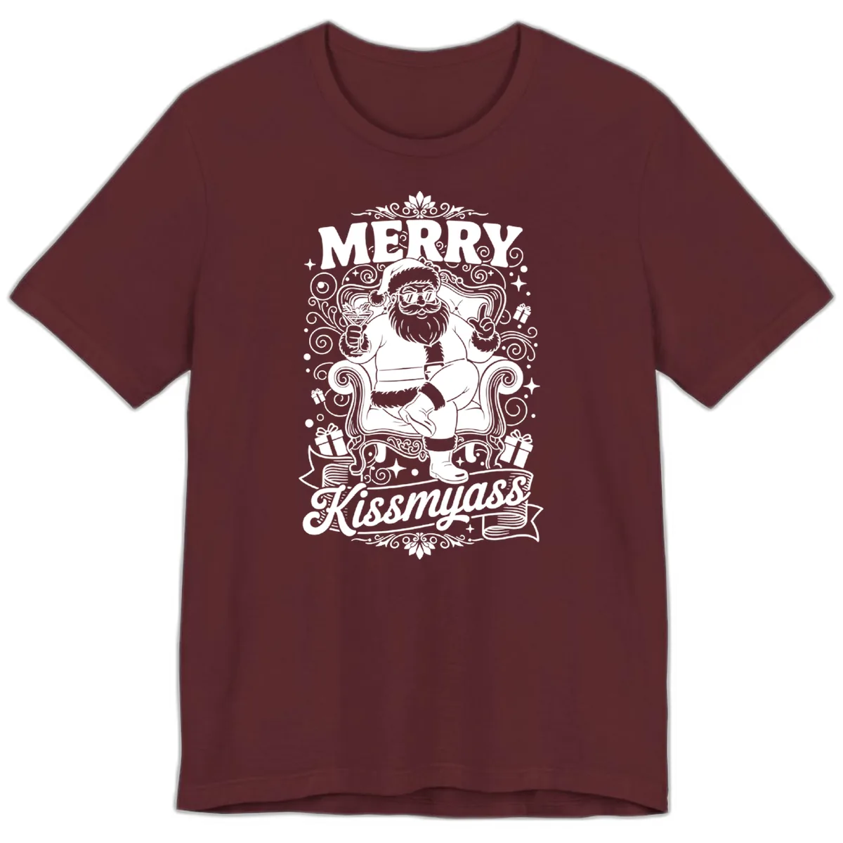 Merry Kissmyass Santa Illustration Premium T-Shirt in Maroon