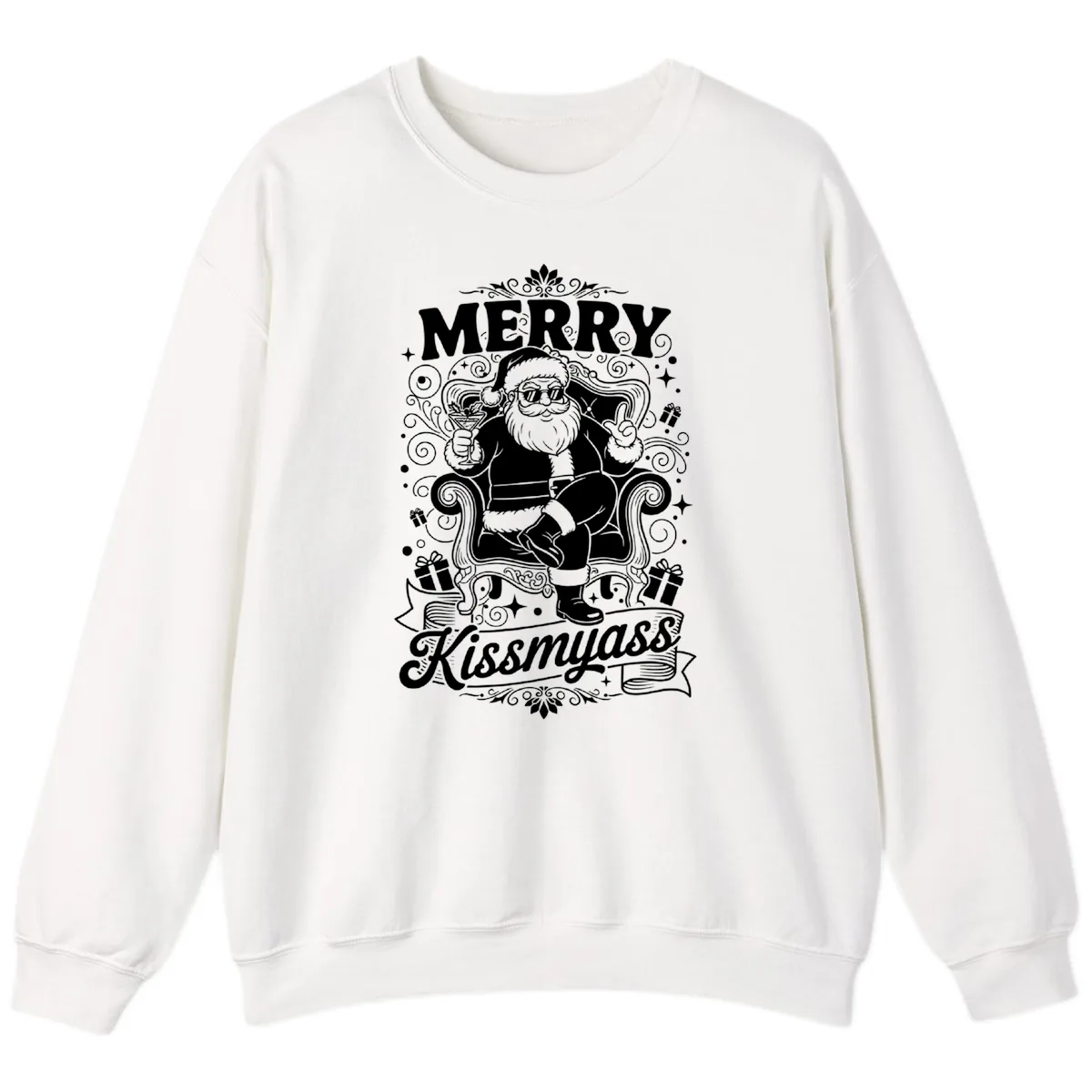 Merry Kissmyass Santa Illustration Sweatshirt in White