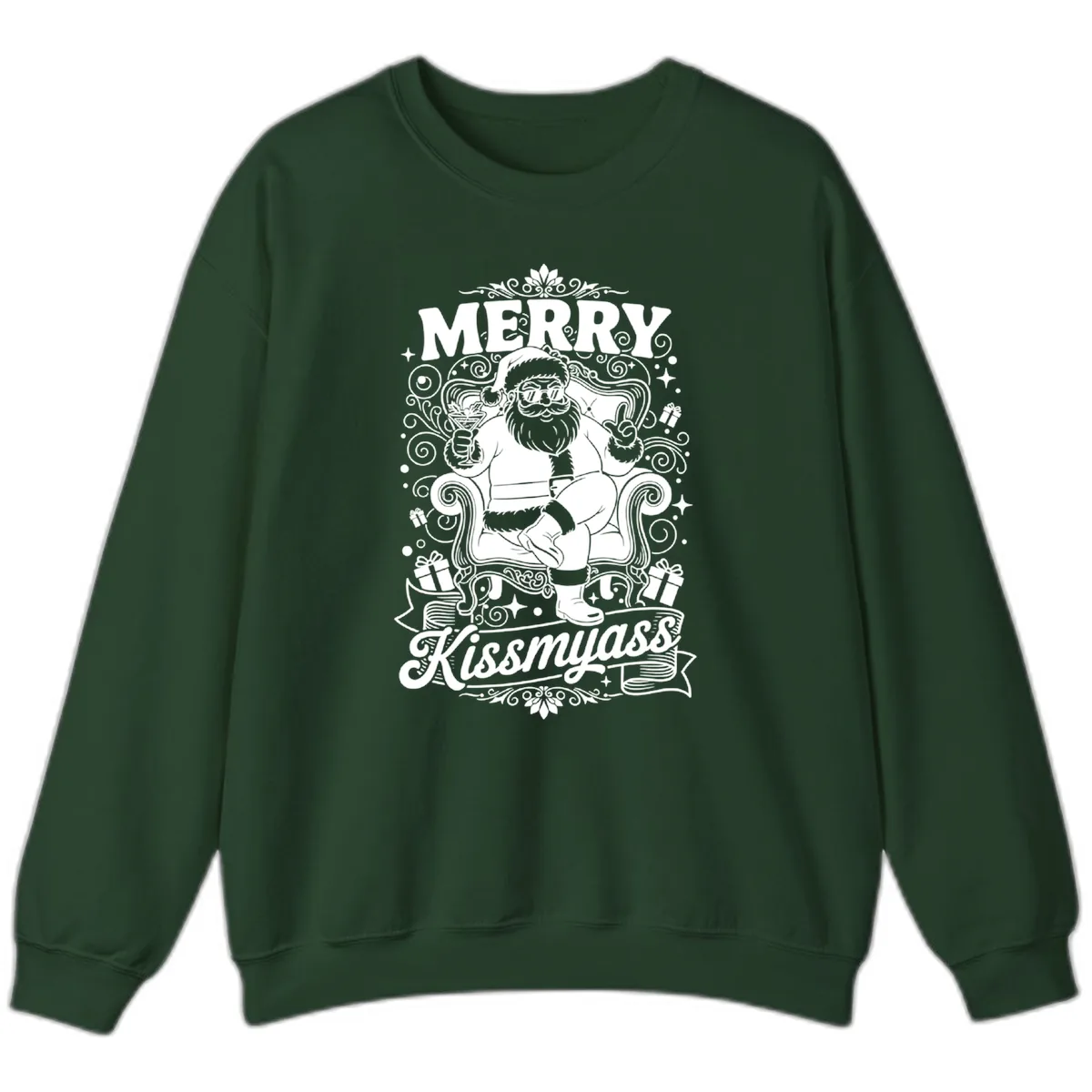 Merry Kissmyass Santa Illustration Sweatshirt in Forest Green