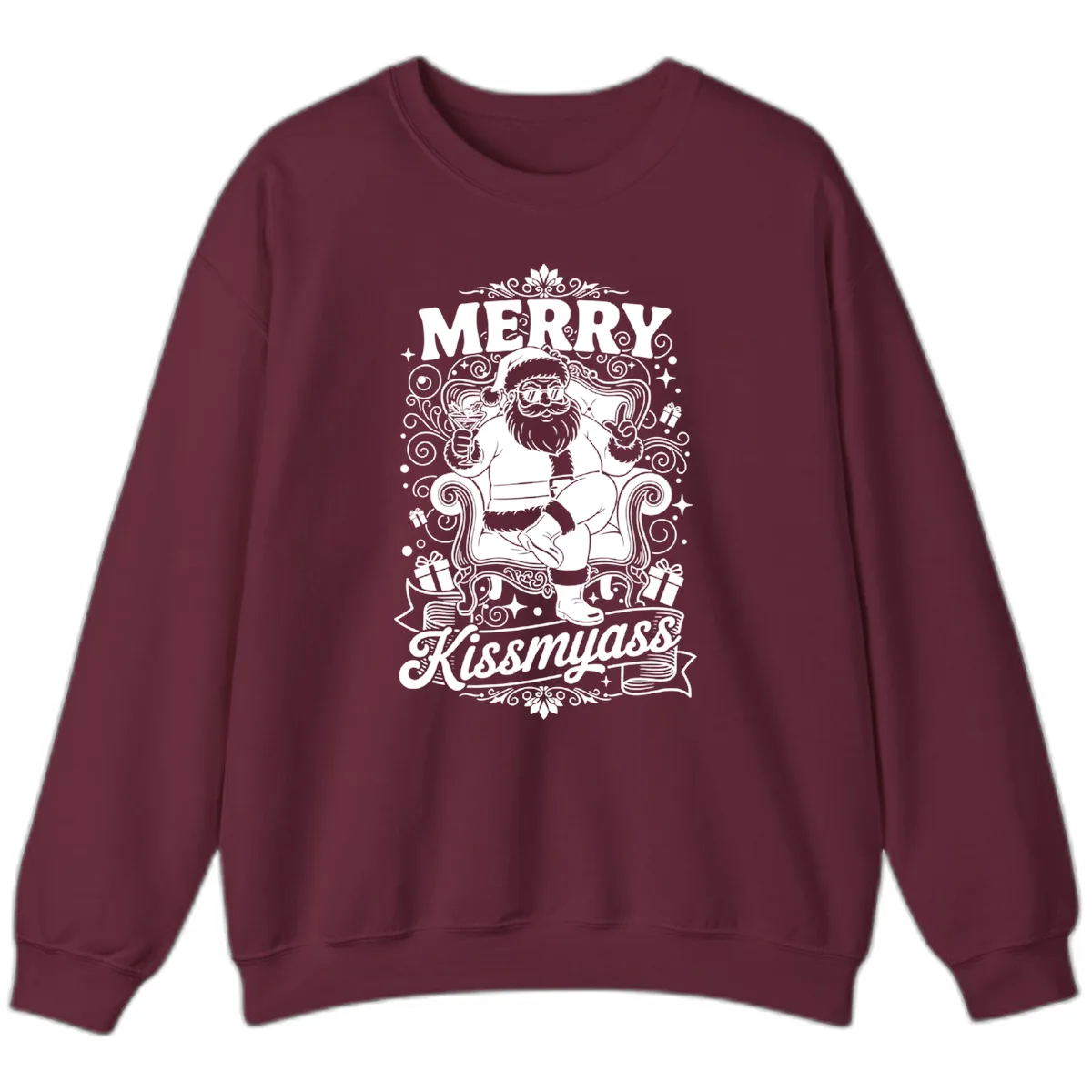 Merry Kissmyass Santa Illustration Sweatshirt in Maroon