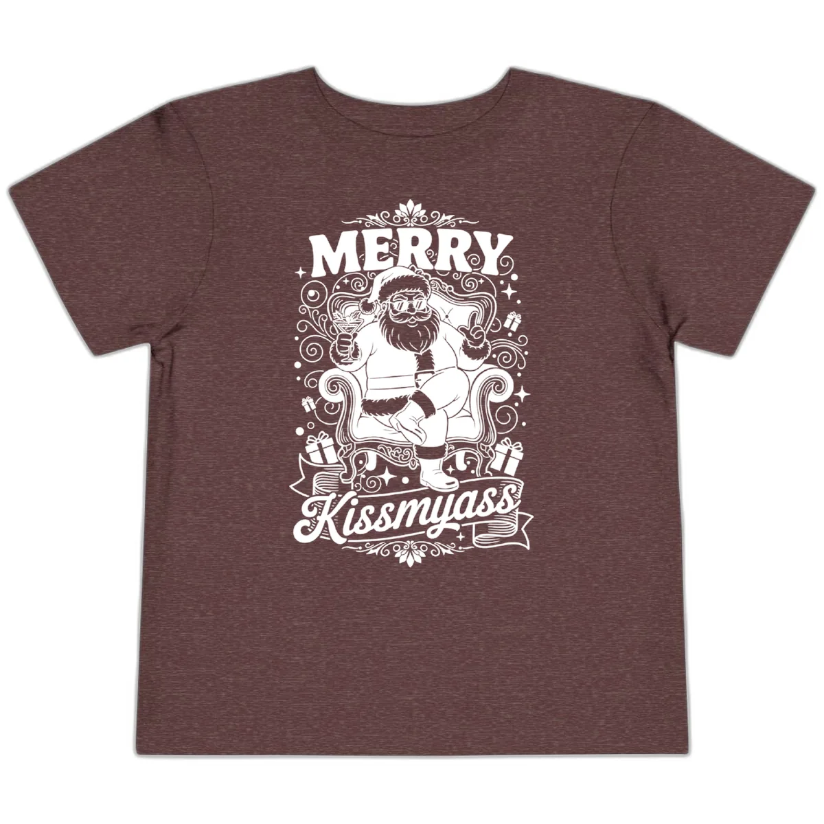 Merry Kissmyass Santa Illustration Toddler T-Shirt in Heather Maroon