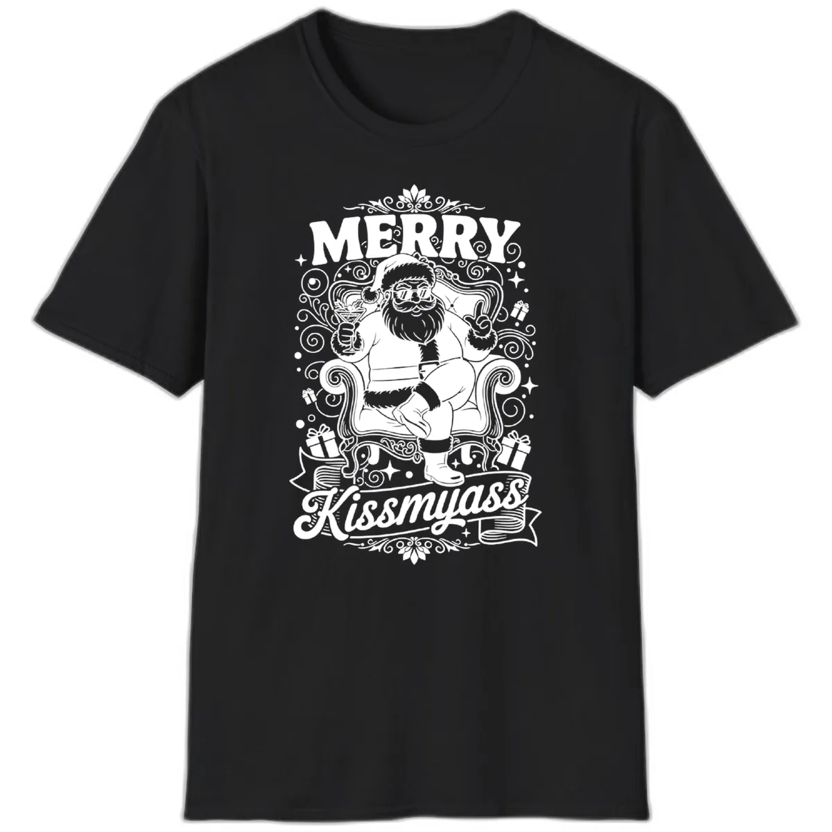 Merry Kissmyass Santa Illustration T-Shirt in Black