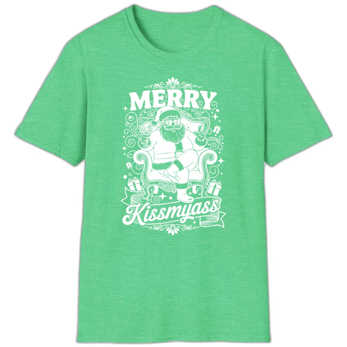 Merry Kissmyass Santa Illustration T-Shirt in Heather Irish Green