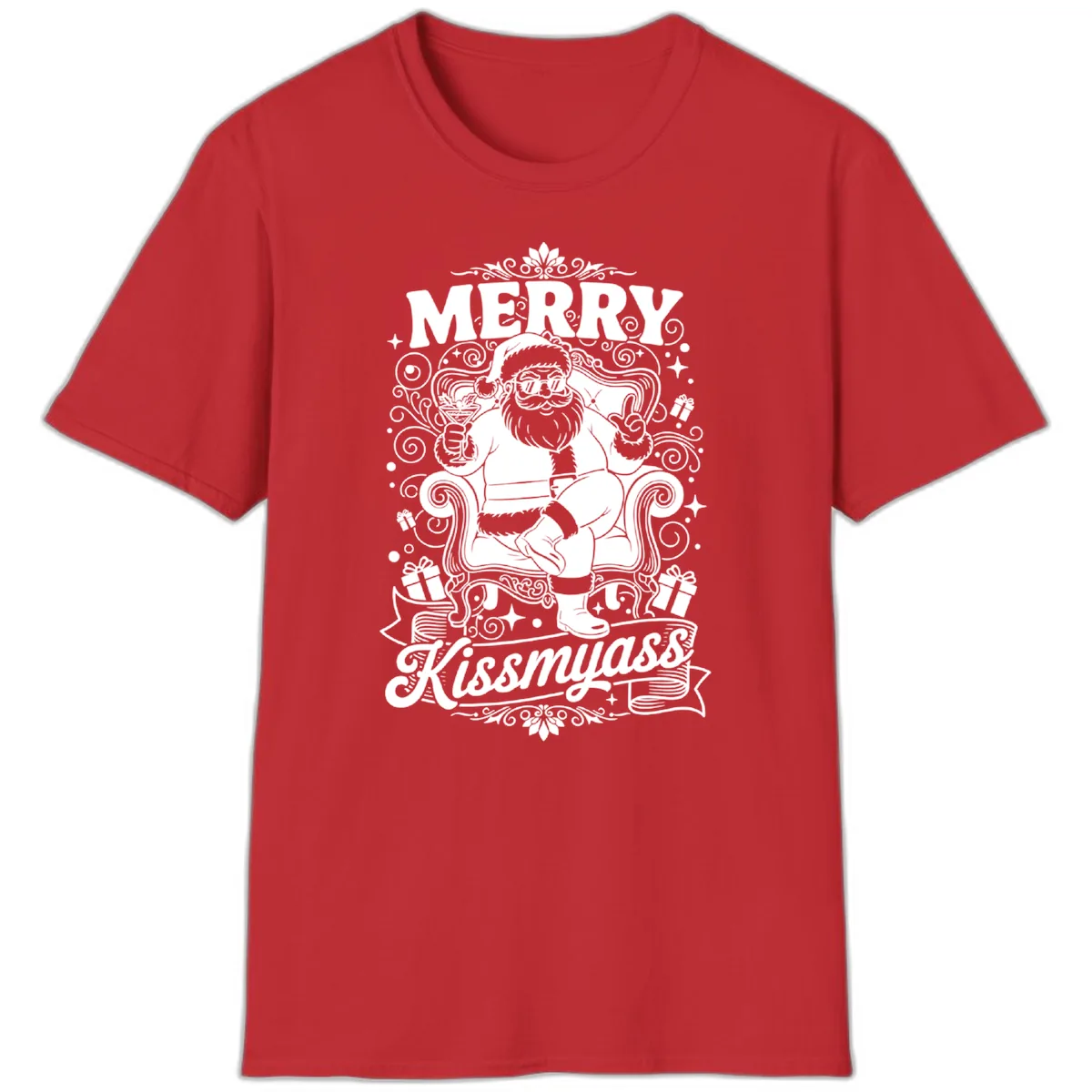 Merry Kissmyass Santa Illustration T-Shirt in Red