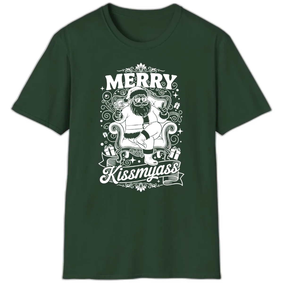Merry Kissmyass Santa Illustration T-Shirt in Forest Green