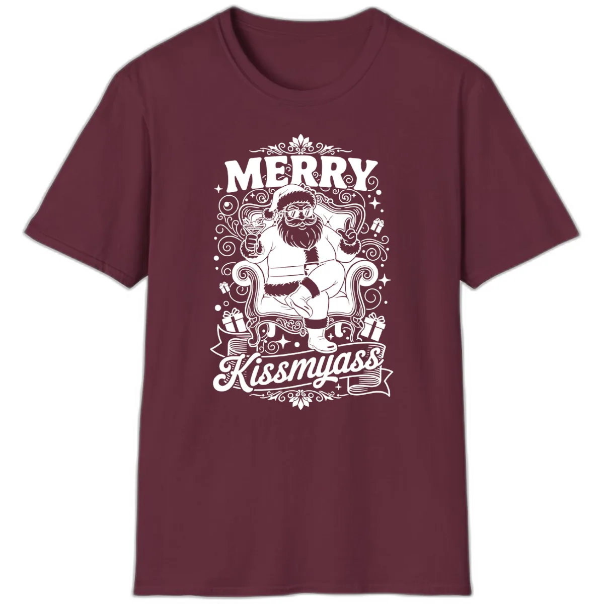 Merry Kissmyass Santa Illustration T-Shirt in Maroon