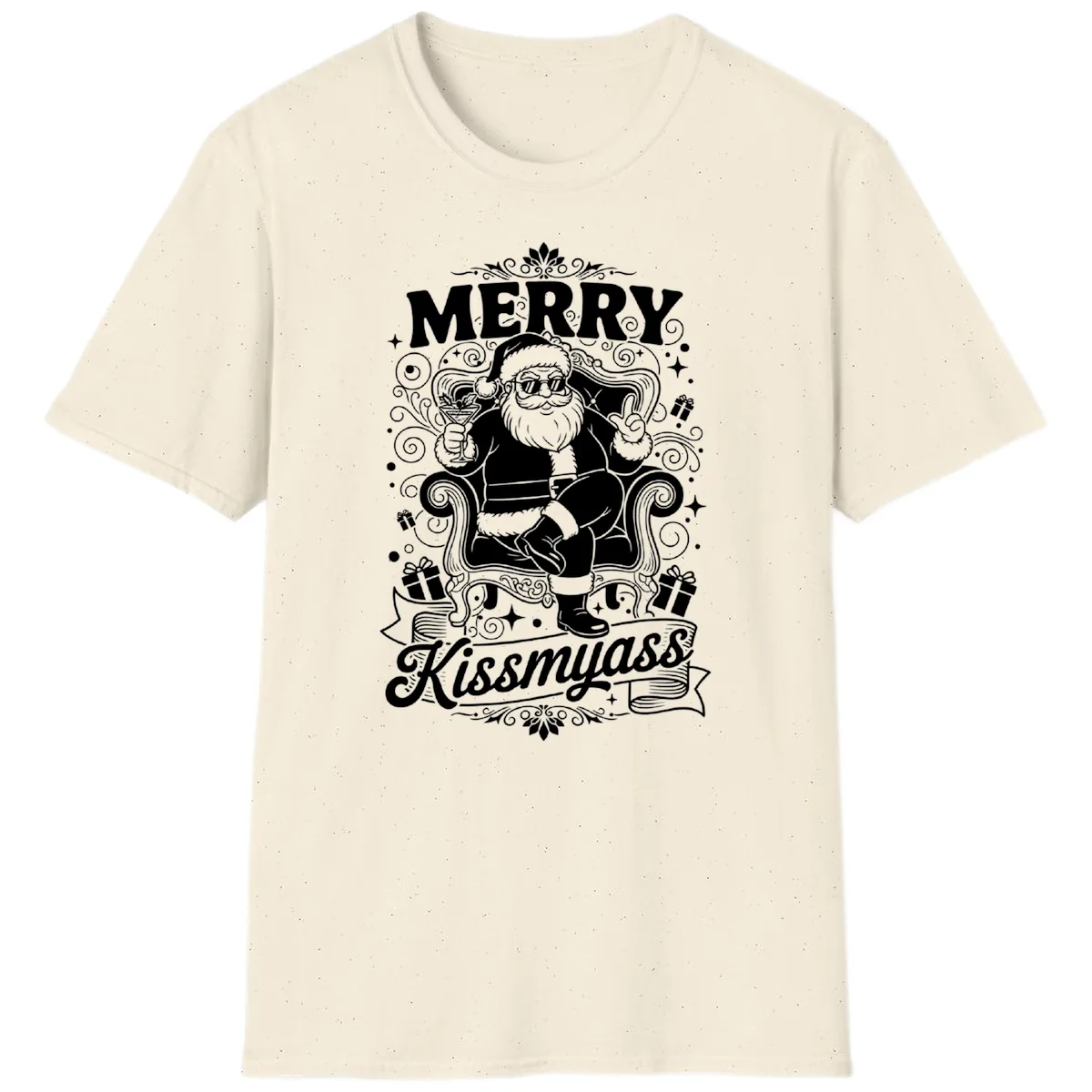 Merry Kissmyass Santa Illustration T-Shirt in Natural