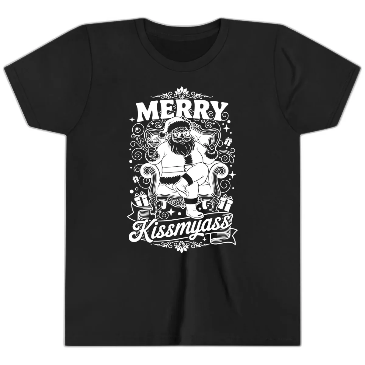 Merry Kissmyass Santa Illustration Youth T-Shirt in Black