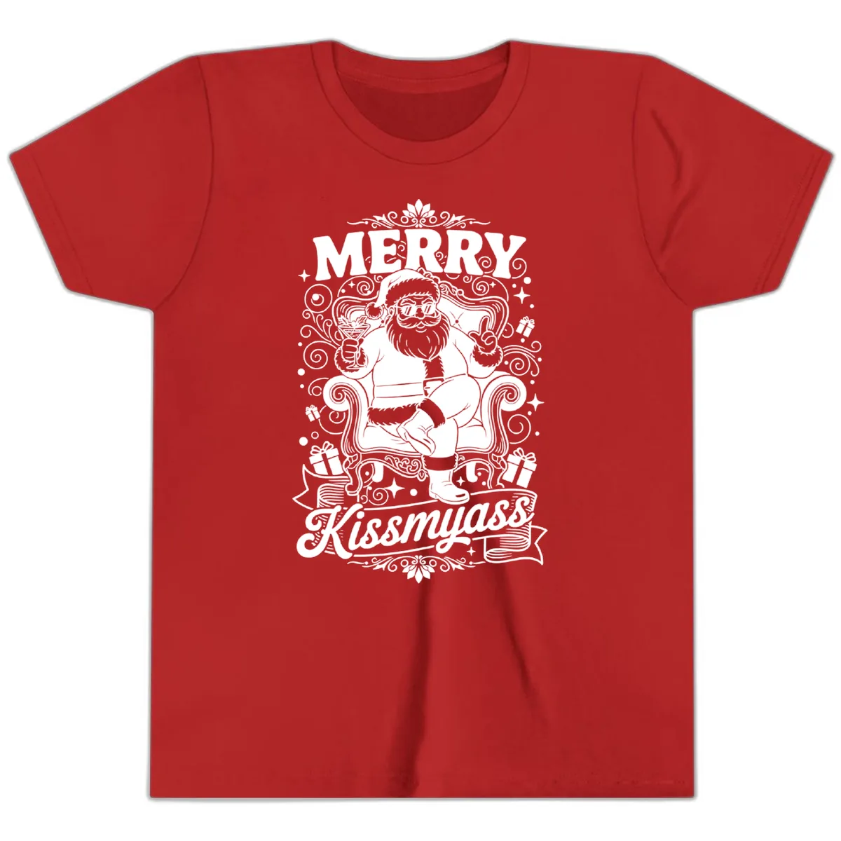 Merry Kissmyass Santa Illustration Youth T-Shirt in Red