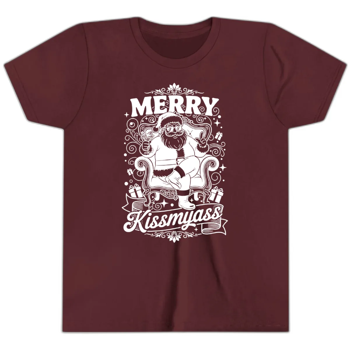 Merry Kissmyass Santa Illustration Youth T-Shirt in Maroon