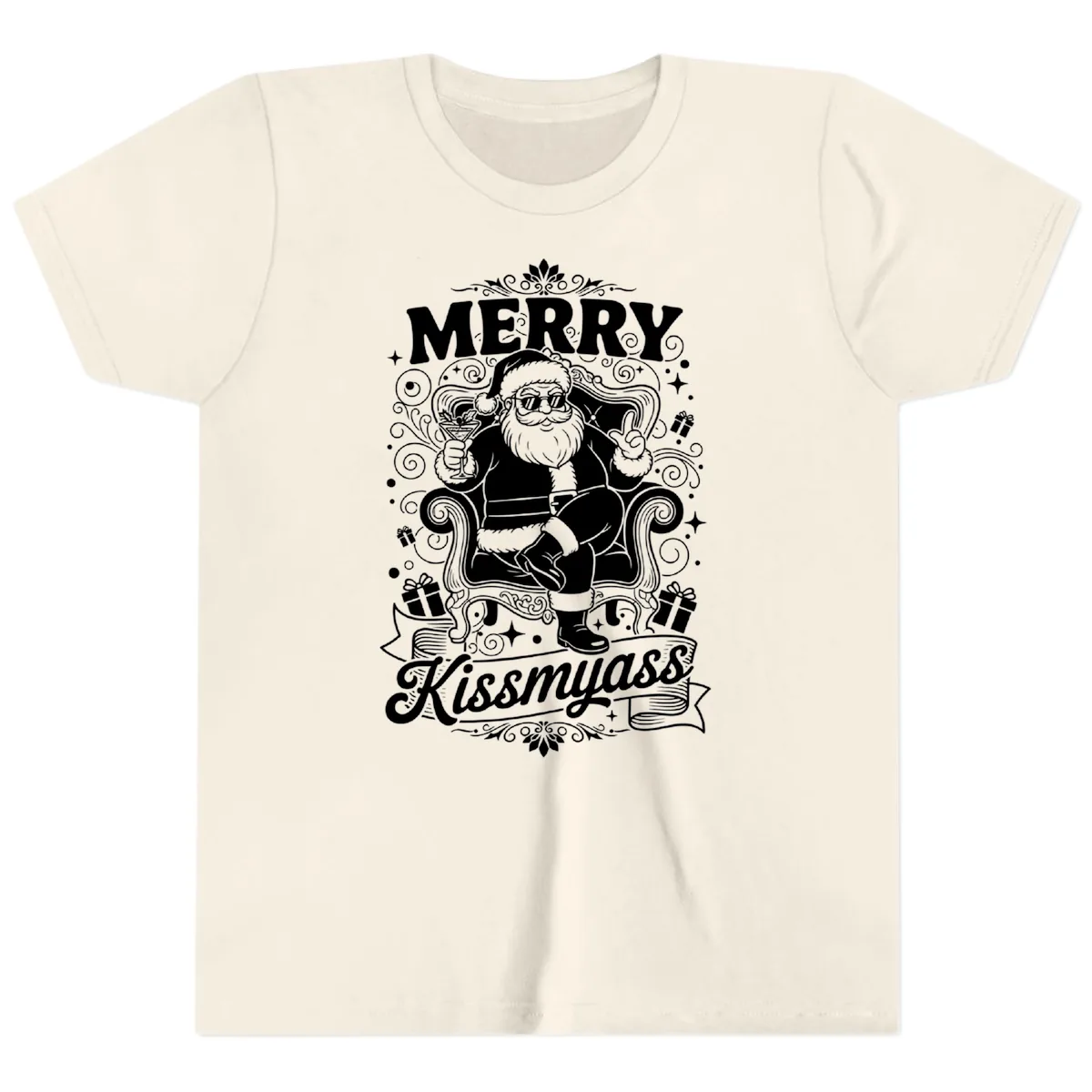 Merry Kissmyass Santa Illustration Youth T-Shirt in Natural