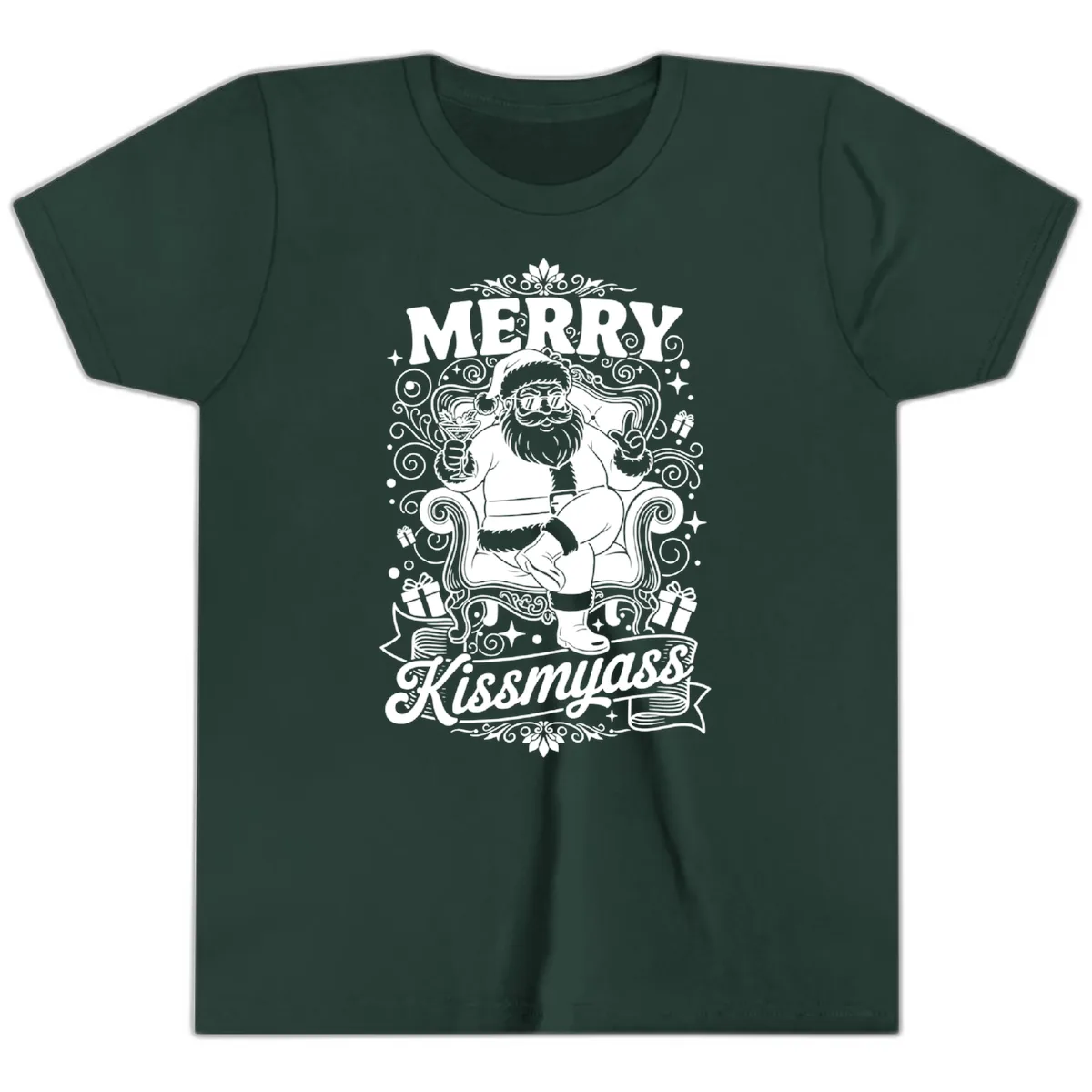 Merry Kissmyass Santa Illustration Youth T-Shirt in Forest
