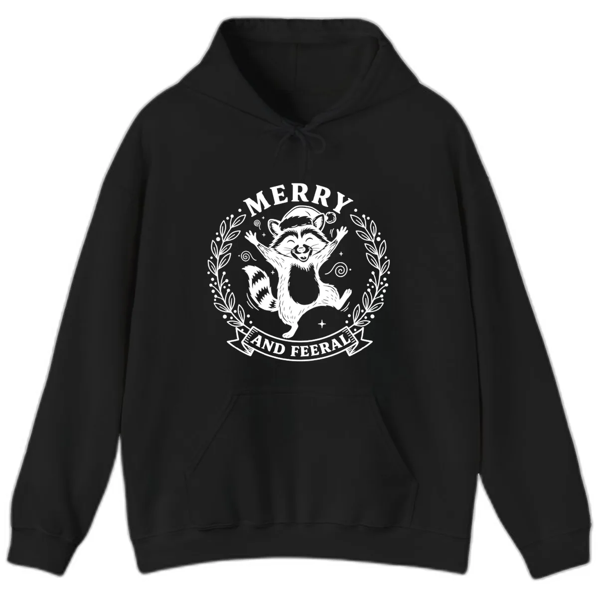 Merry And Feral Raccoon Design Hoodie in Black