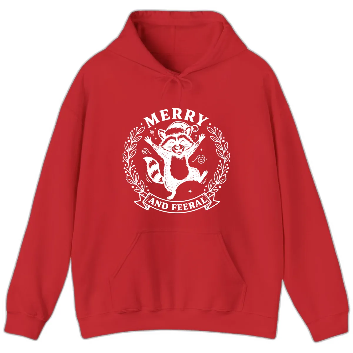 Merry And Feral Raccoon Design Hoodie in Red