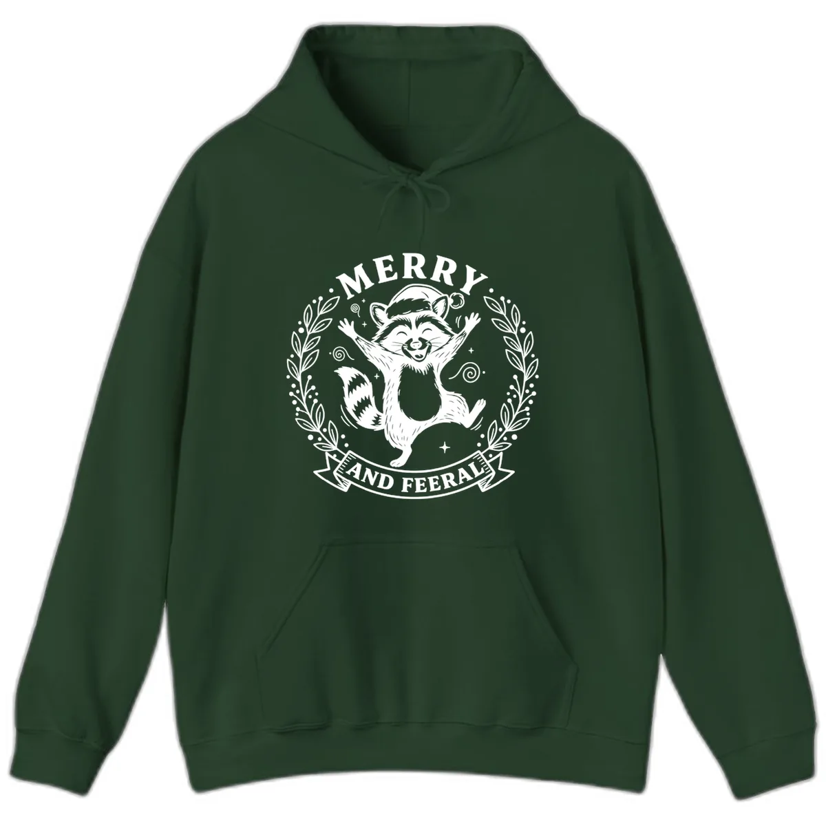 Merry And Feral Raccoon Design Hoodie in Forest Green