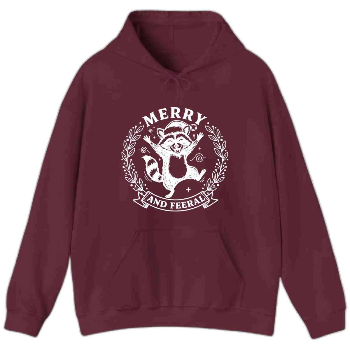 Merry And Feral Raccoon Design Hoodie in Maroon