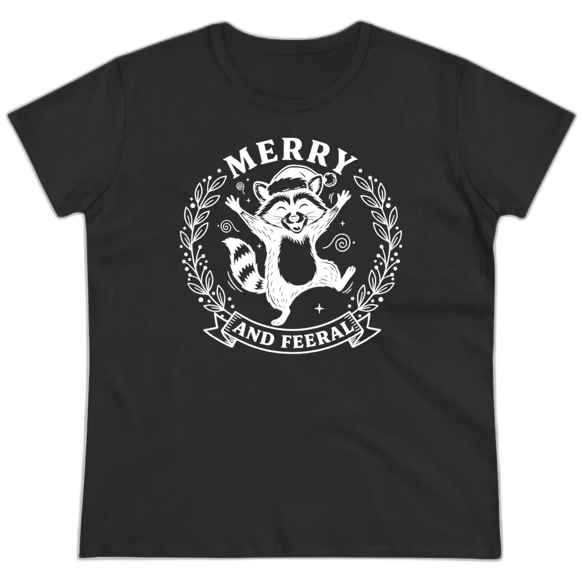 Merry And Feral Raccoon Design Ladies Tee in Black