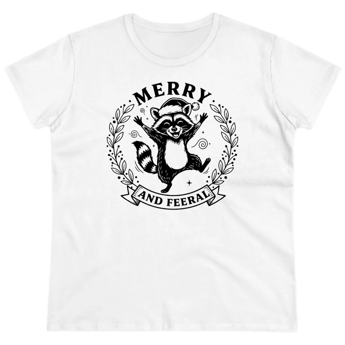 Merry And Feral Raccoon Design Ladies Tee in White