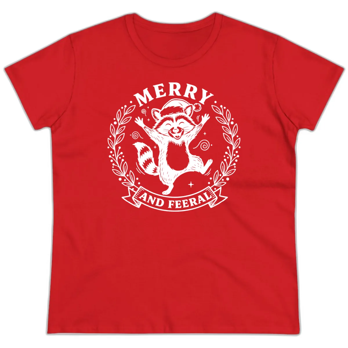 Merry And Feral Raccoon Design Ladies Tee in Red