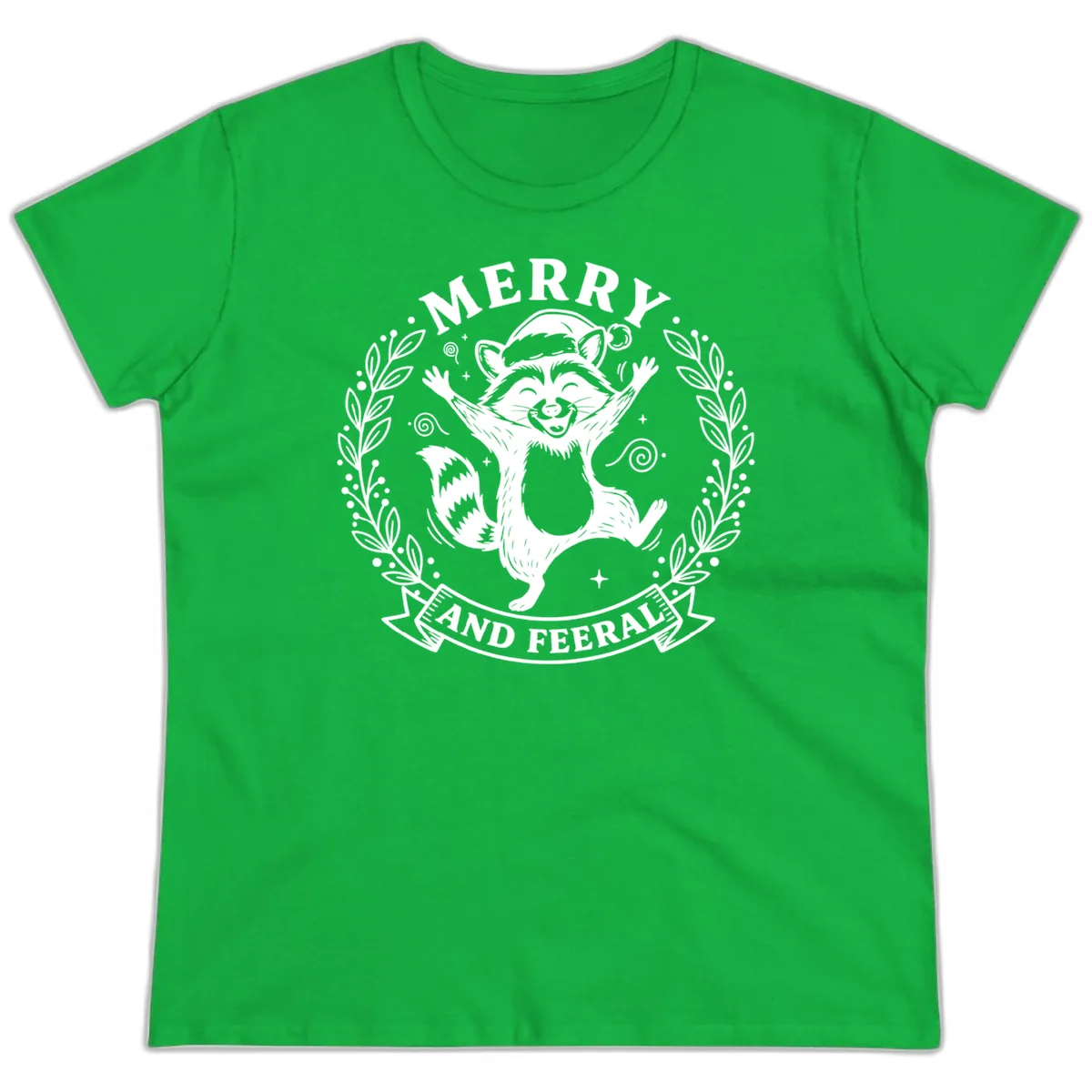 Merry And Feral Raccoon Design Ladies Tee in Irish Green
