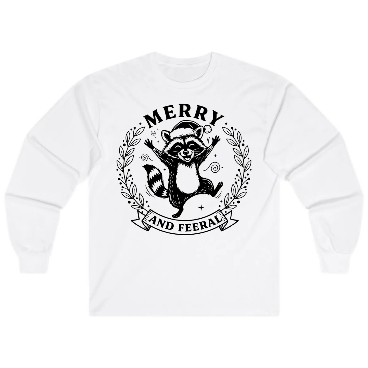 Merry And Feral Raccoon Design Long Sleeve in White