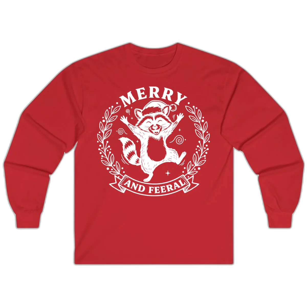 Merry And Feral Raccoon Design Long Sleeve in Red