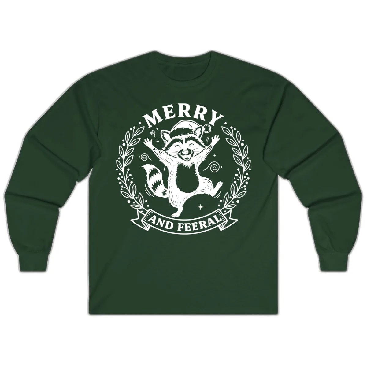 Merry And Feral Raccoon Design Long Sleeve in Forest Green