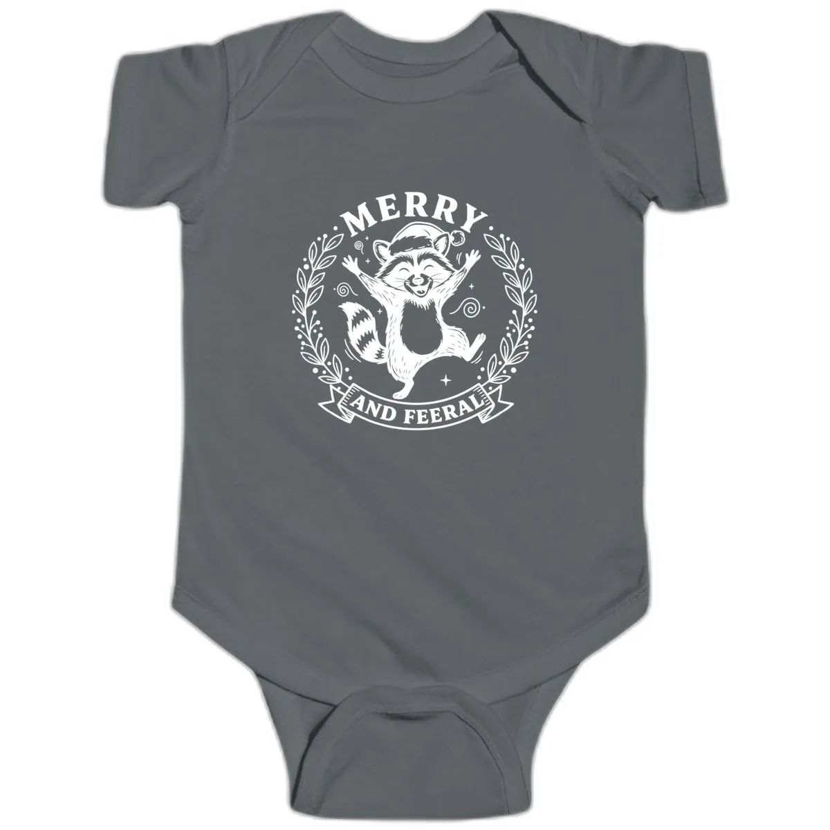 Merry And Feral Raccoon Design Baby Onesie in Charcoal