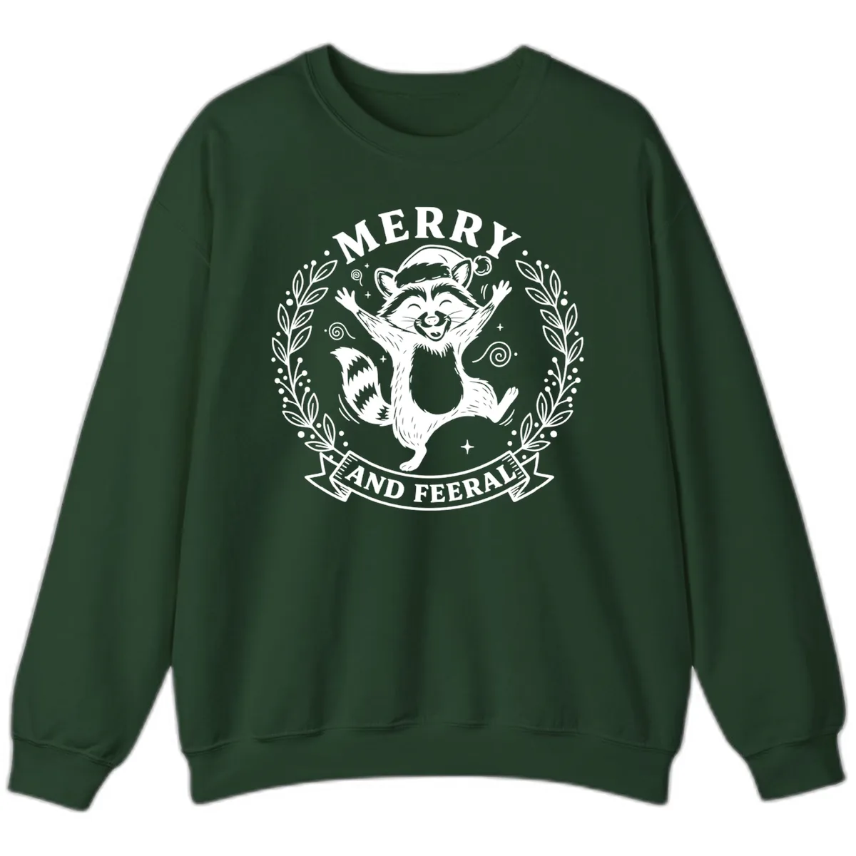 Merry And Feral Raccoon Design Sweatshirt in Forest Green