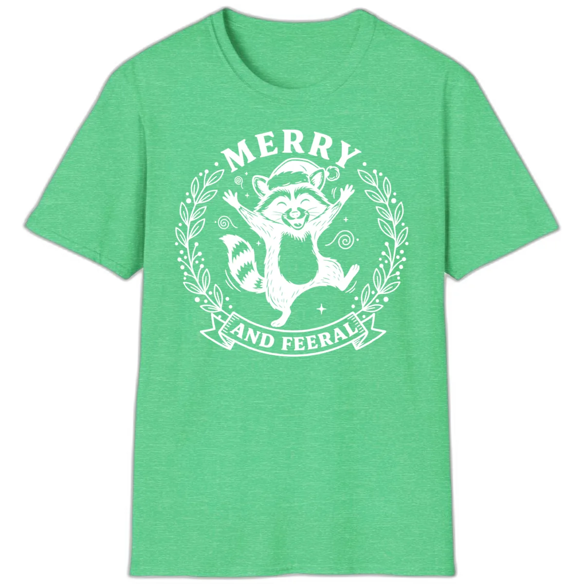 Merry And Feral Raccoon Design T-Shirt in Heather Irish Green