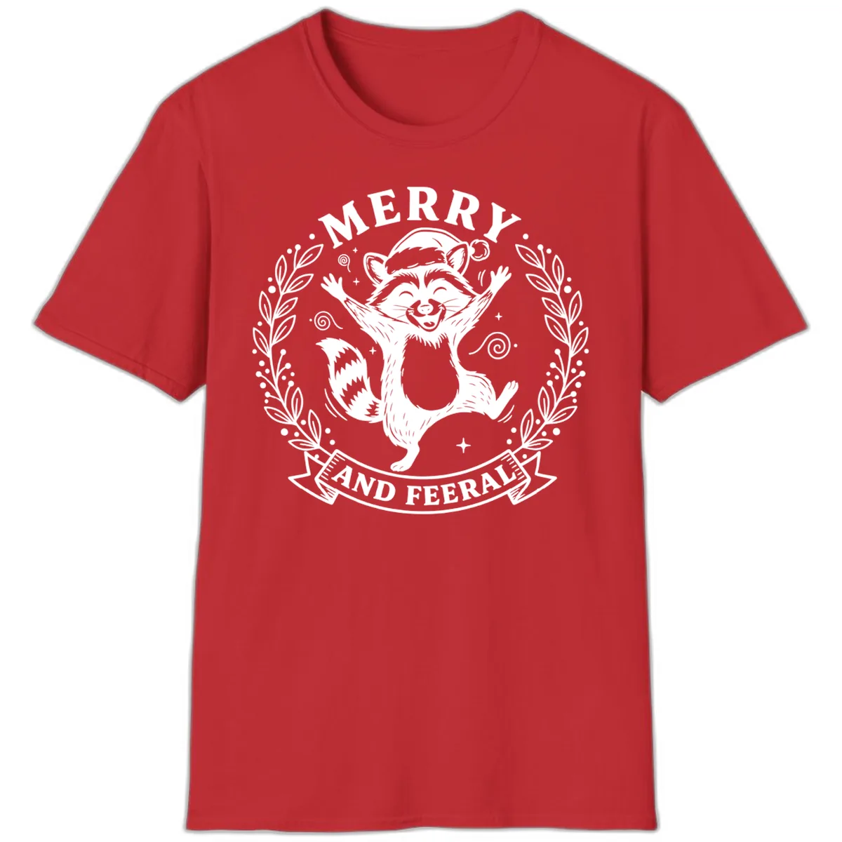 Merry And Feral Raccoon Design T-Shirt in Red