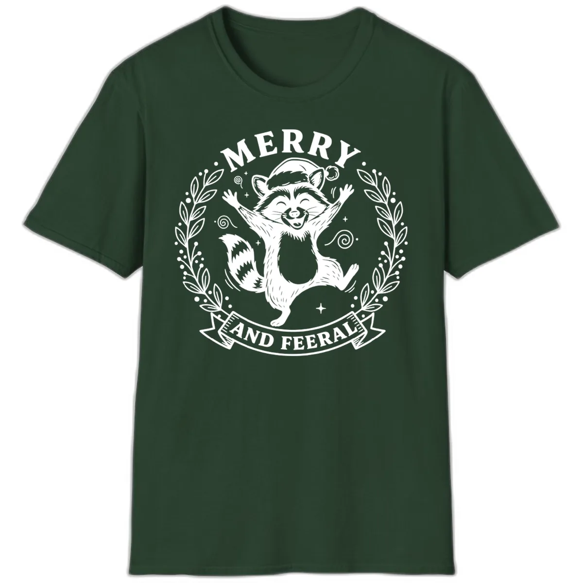 Merry And Feral Raccoon Design T-Shirt in Forest Green