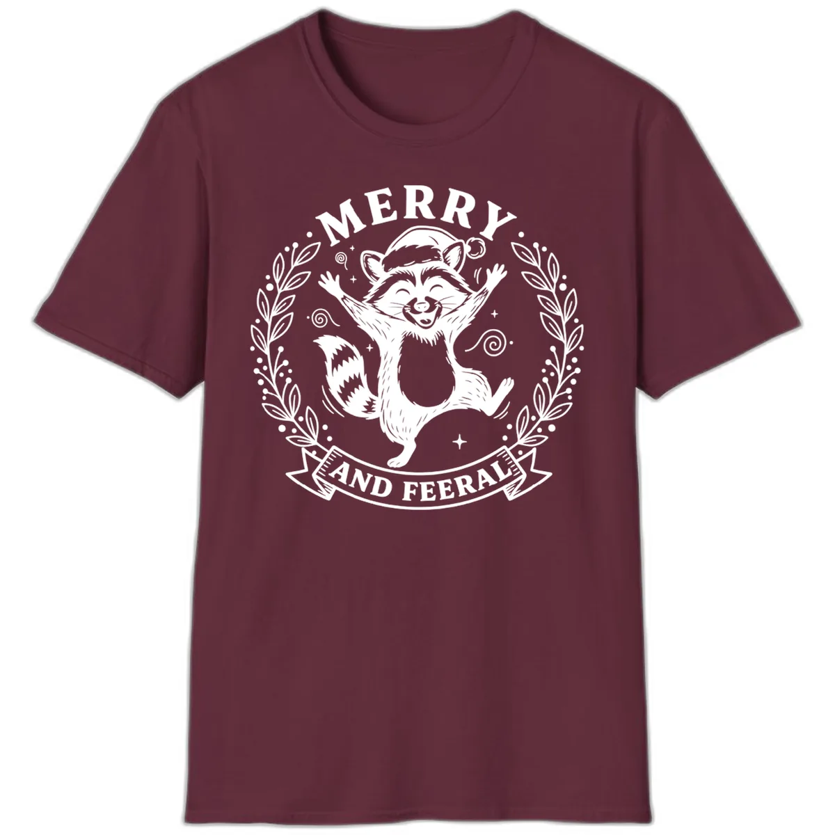 Merry And Feral Raccoon Design T-Shirt in Maroon