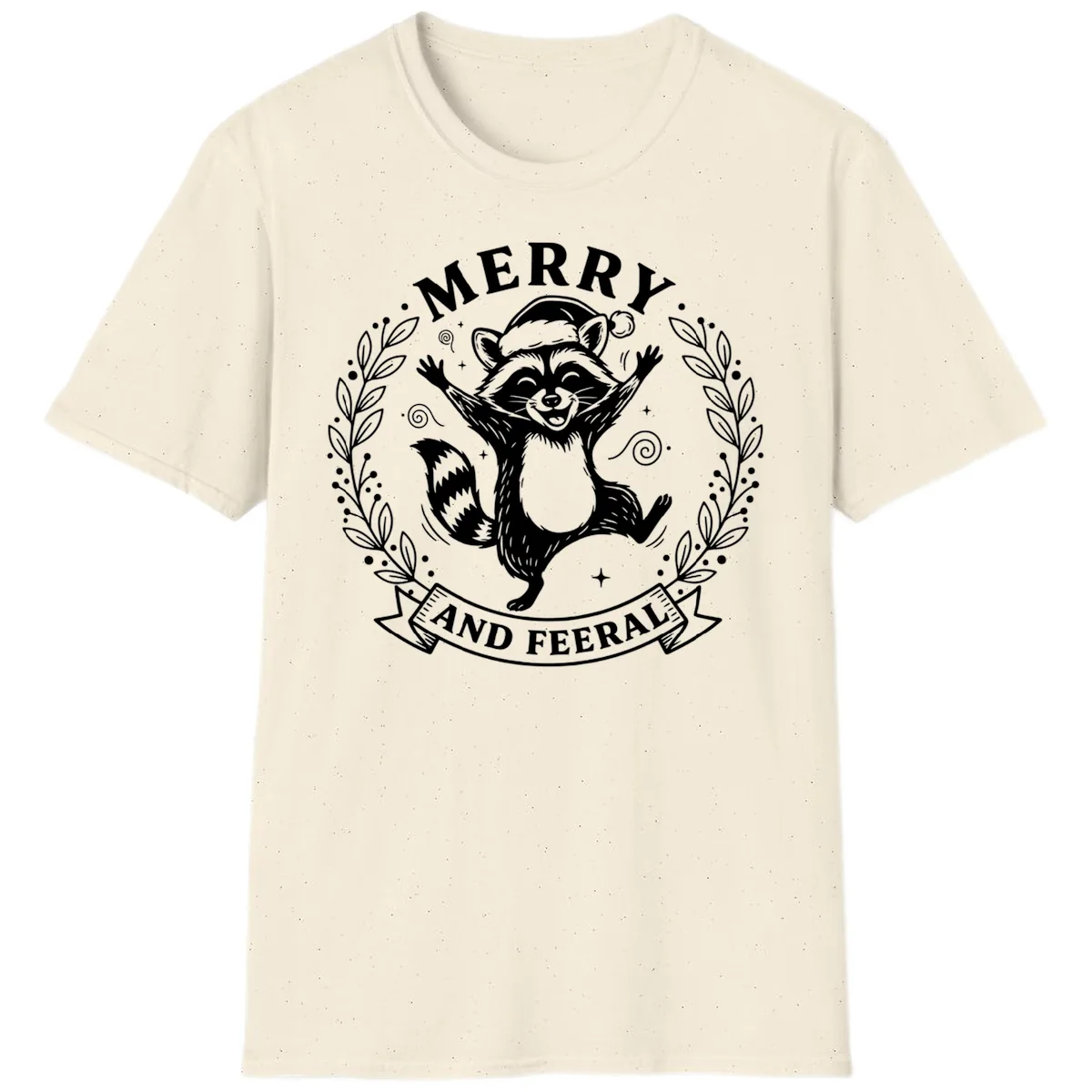Merry And Feral Raccoon Design T-Shirt in Natural