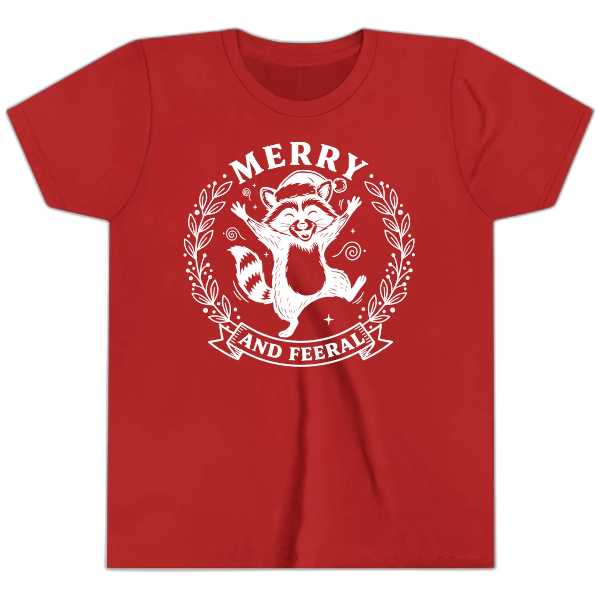 Merry And Feral Raccoon Design Youth T-Shirt in Red