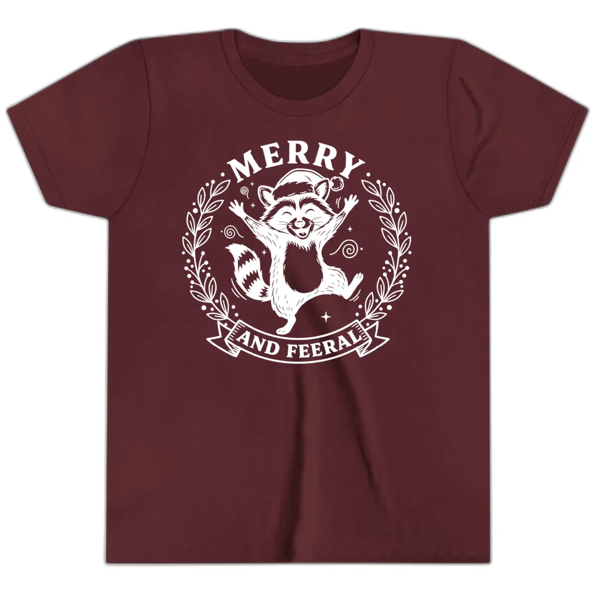 Merry And Feral Raccoon Design Youth T-Shirt in Maroon