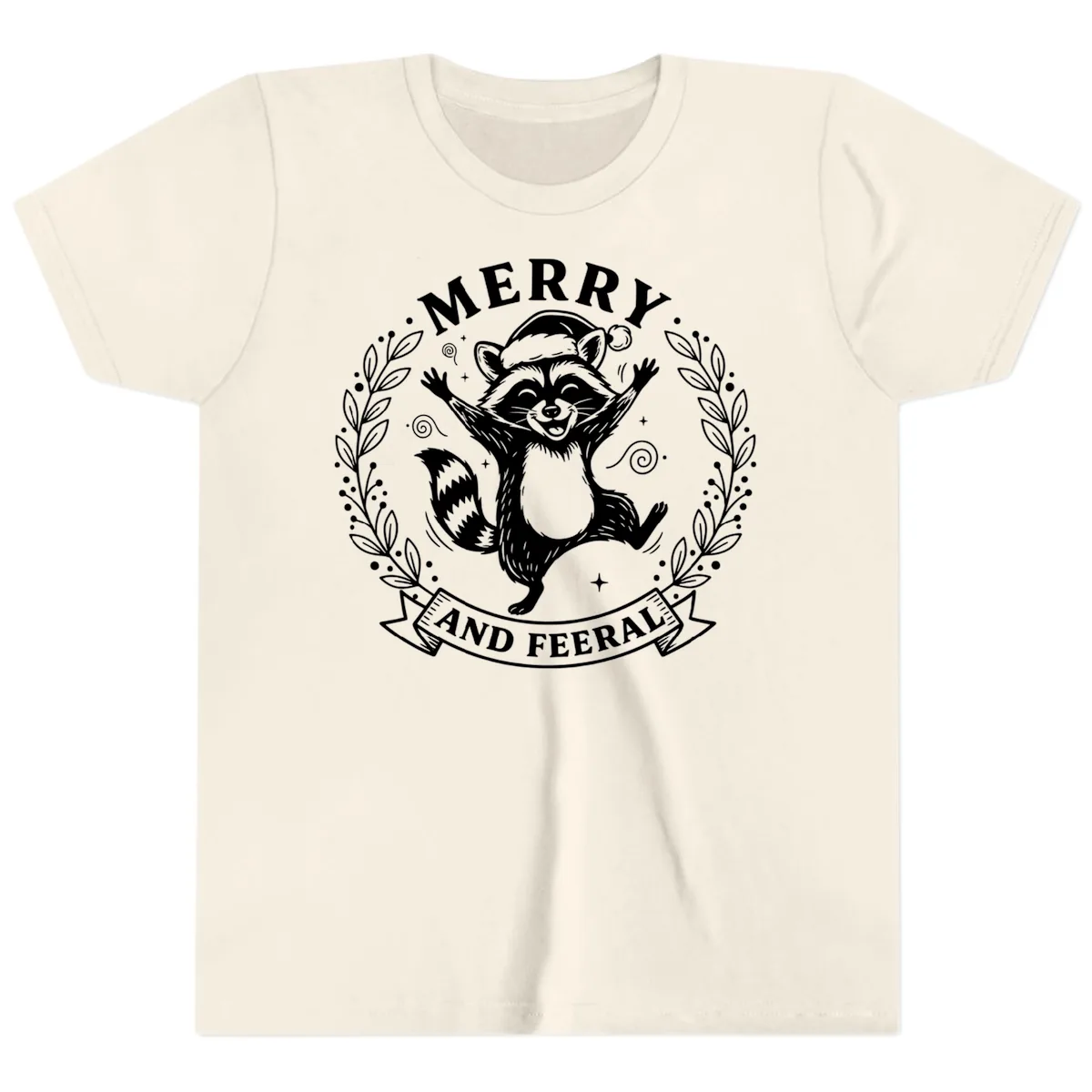 Merry And Feral Raccoon Design Youth T-Shirt in Natural