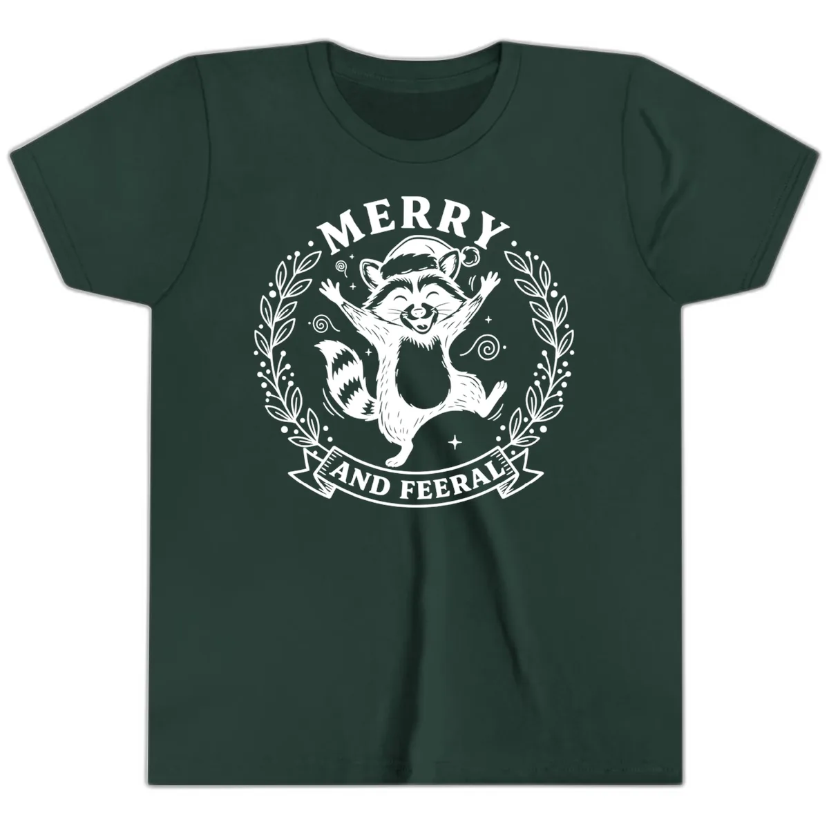 Merry And Feral Raccoon Design Youth T-Shirt in Forest
