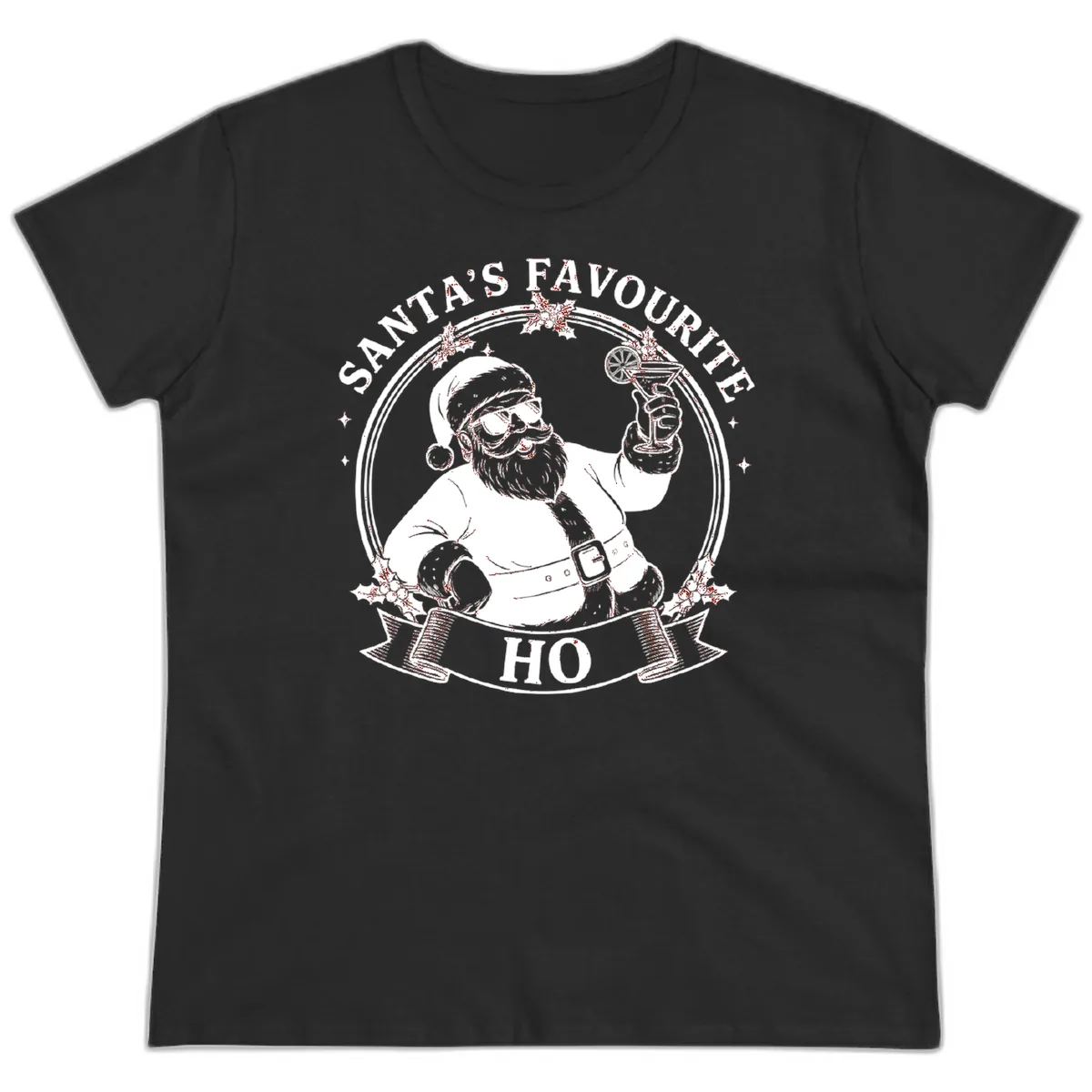 Santa's Favorite Cocktail Drinker Ladies Tee in Black