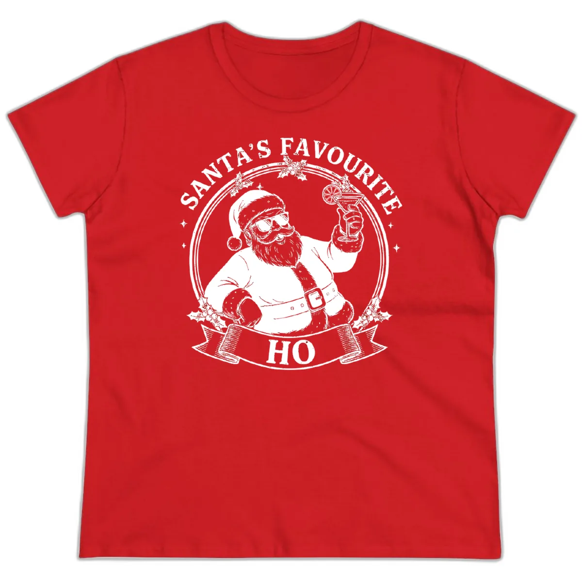 Santa's Favorite Cocktail Drinker Ladies Tee in Red