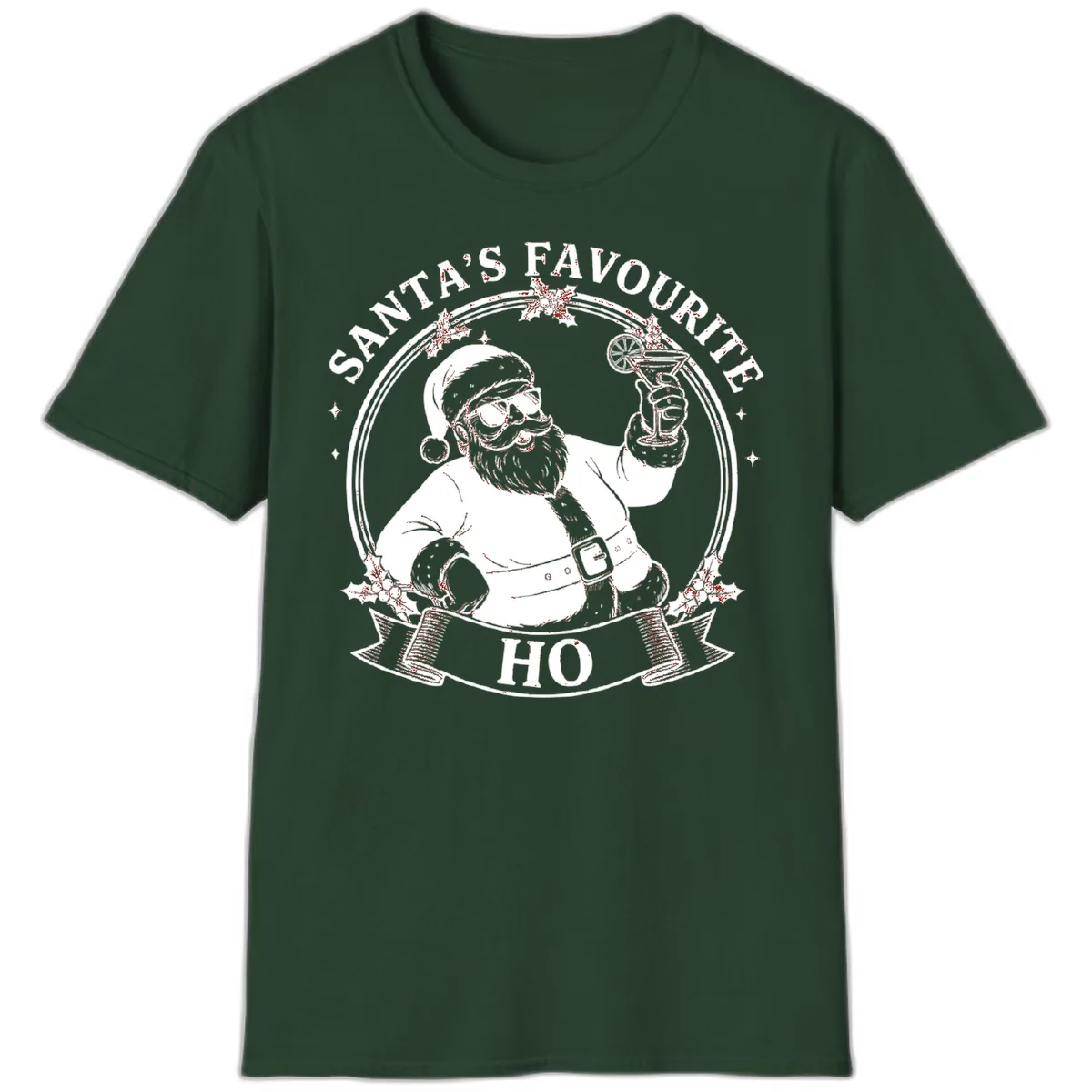 Santa's Favorite Cocktail Drinker T-Shirt in Forest Green