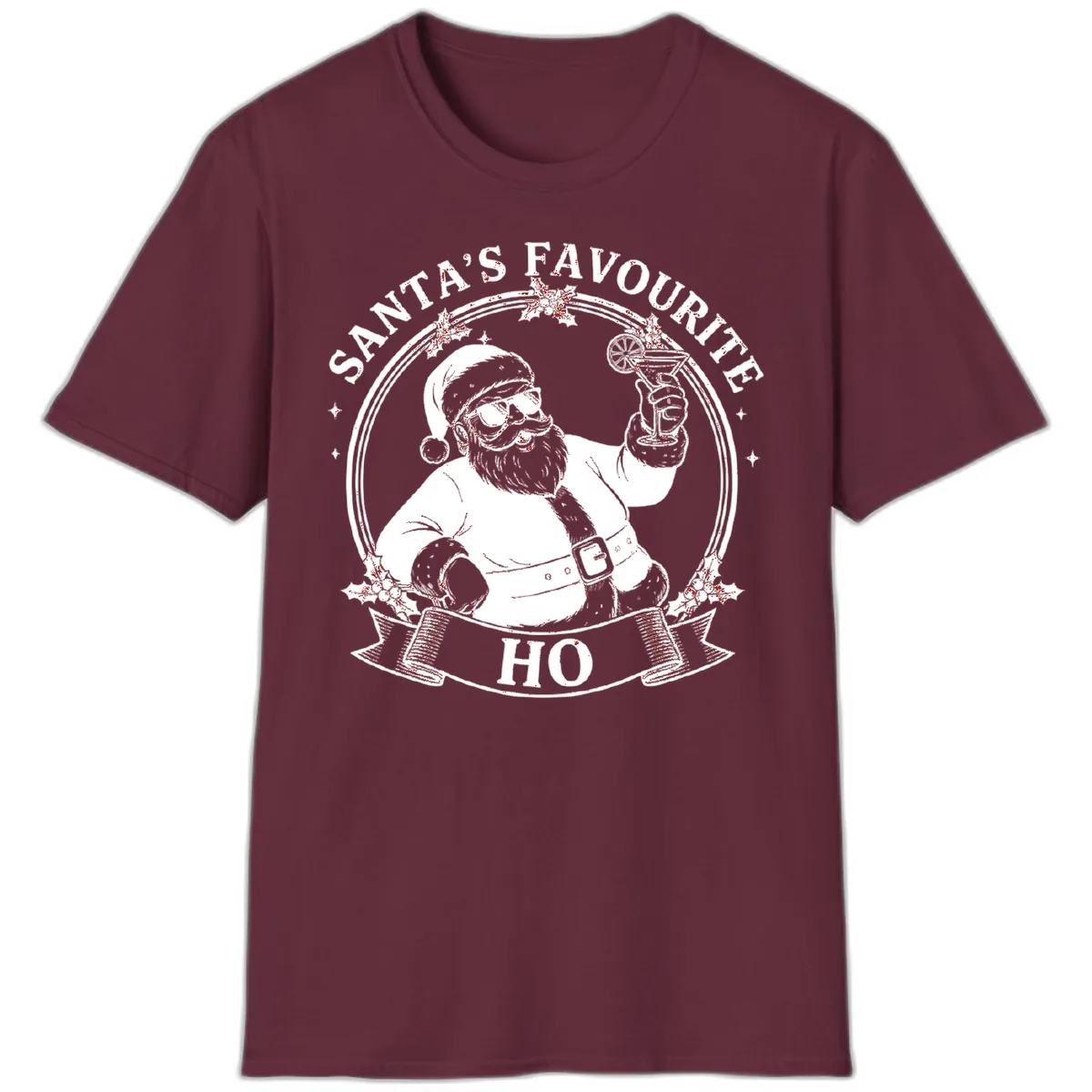 Santa's Favorite Cocktail Drinker T-Shirt in Maroon