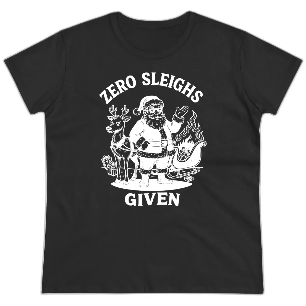 Zero Sleighs Given Christmas Illustration Ladies Tee in Black
