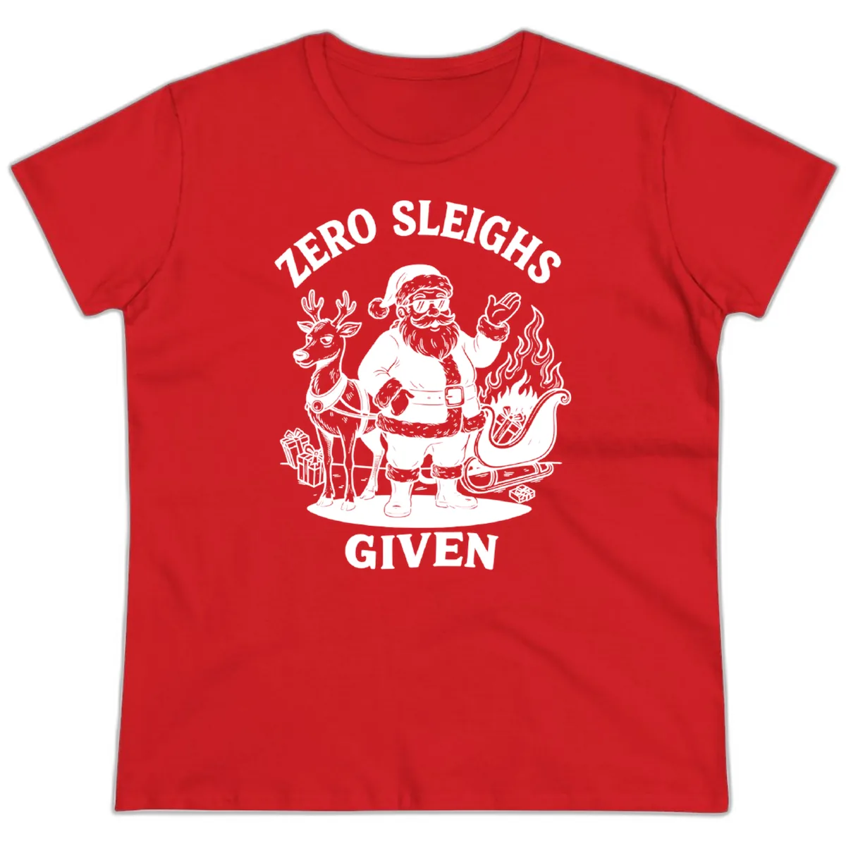 Zero Sleighs Given Christmas Illustration Ladies Tee in Red