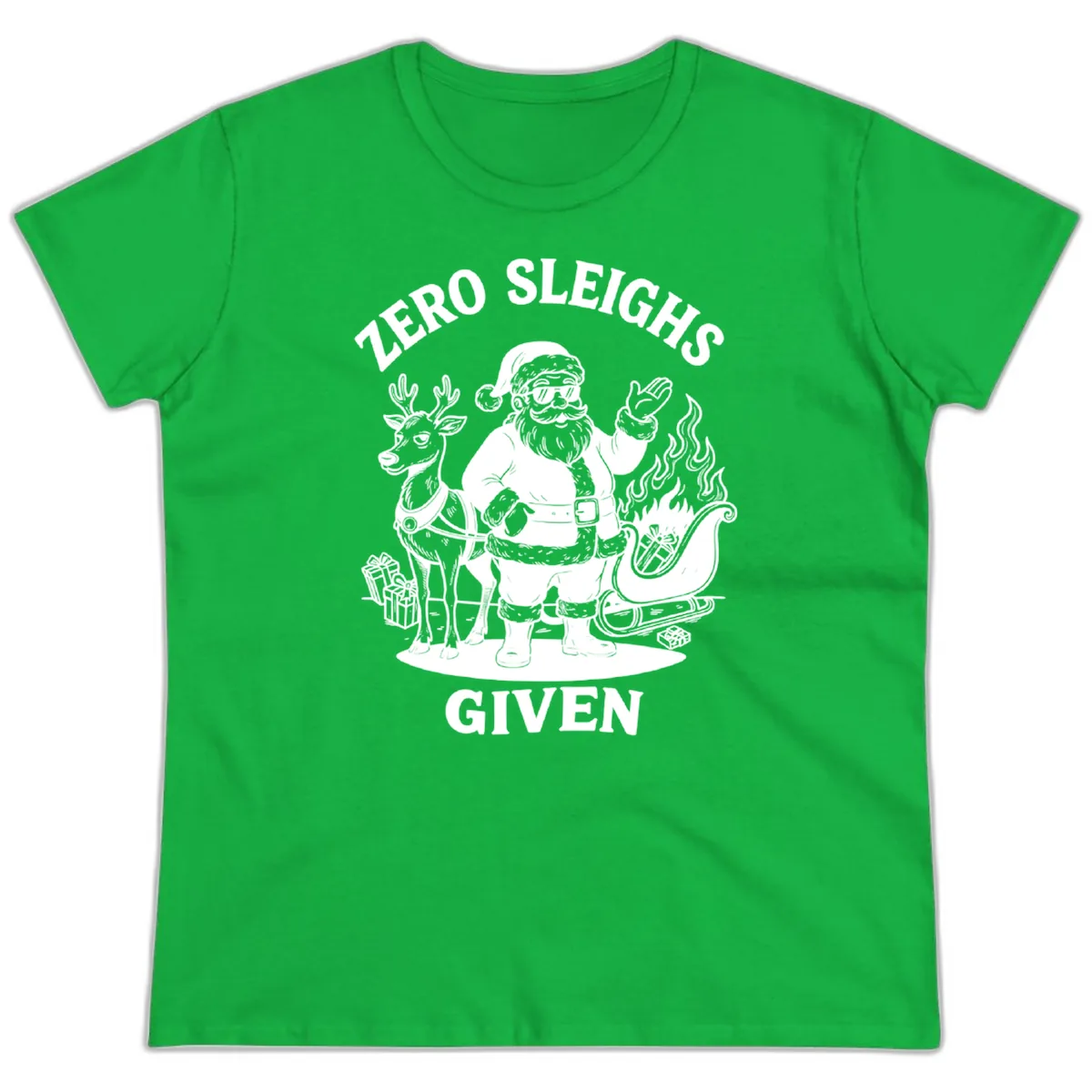 Zero Sleighs Given Christmas Illustration Ladies Tee in Irish Green