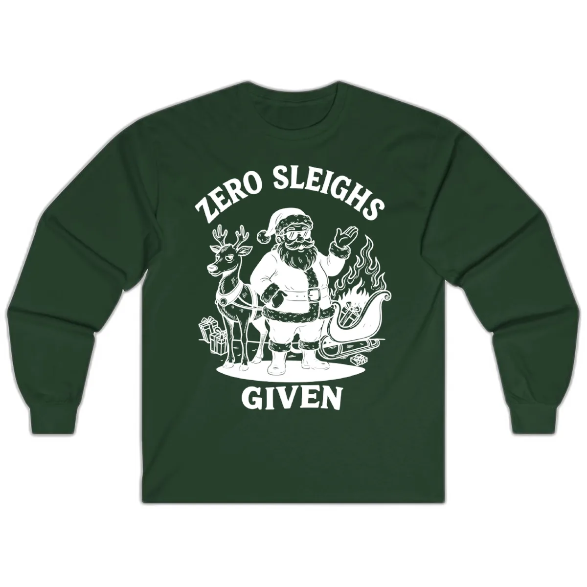 Zero Sleighs Given Christmas Illustration Long Sleeve in Forest Green